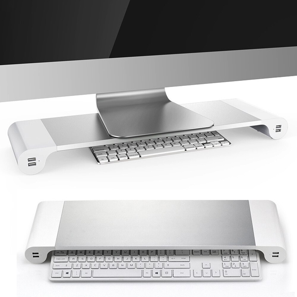 Aluminum Alloy Monitor Stand Space Bar Dock Desk Riser with 4 USB Ports for iMac MacBook Computer Laptop Below 20Inch