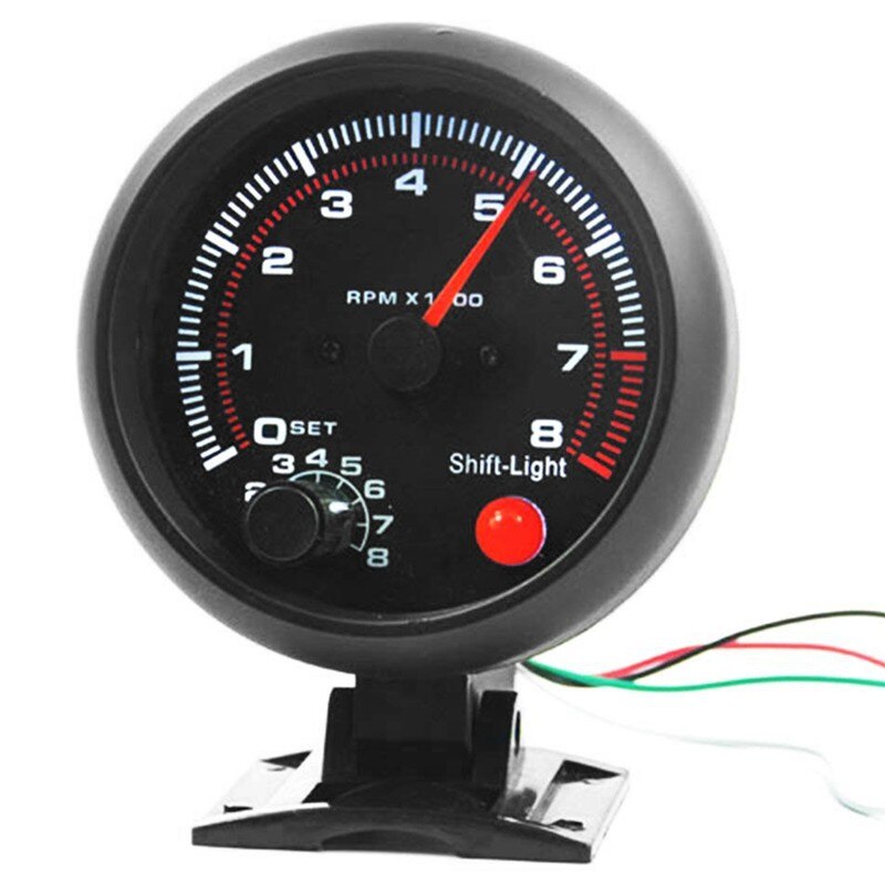 Universal 3.75 inch 12V White LED Backlit Tachometer Gauge with Red Shift Light for Auto Gasoline Car, 0-8000 RPM