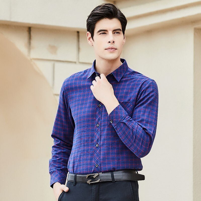 Nueva camisas de manga larga para hombre Camisa Social Masculina a cuadros estampado Koeran Camisa de trabajo de oficina ajustada de un solo pecho