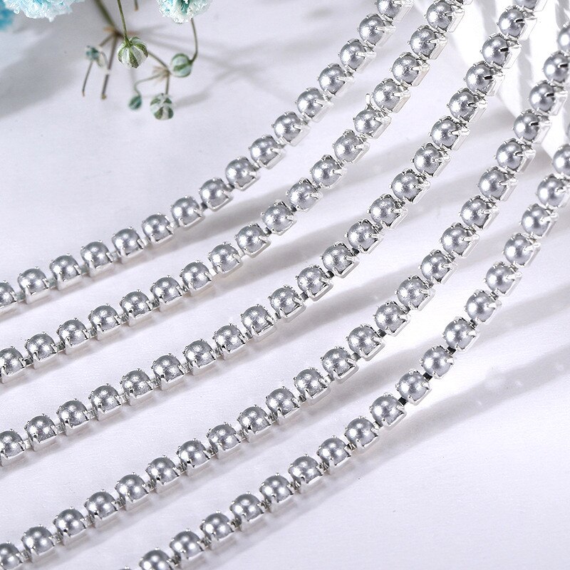 2Mm Crystal Pearl Rhinestone Chain Silver Base Cup Parel Ketting Voor Naaien Diy Kledingstuk Accessoires Trim: 2mm-1 yard / silver