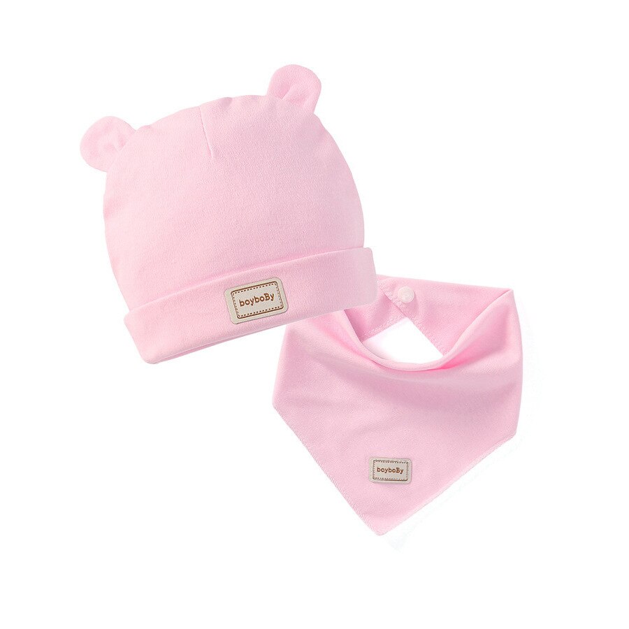 0-3Month Baby Hoed Slabbetjes Jongen Meisje Mutsen Leuke Pure Kleur Oren Motorkap Baby Hoeden Peuter Kids Katoen Kwijlen Handdoek Outdoor cap: Bear - pink