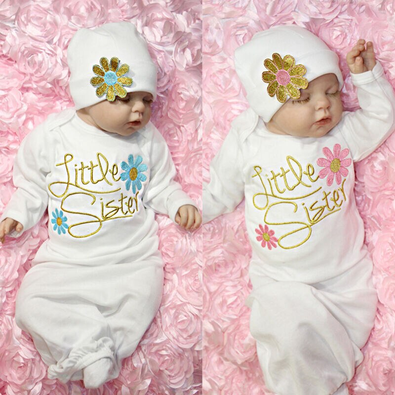 Katoen Bloem Zusje Baby Meisje Kleding Coming Home Rompertjes outfit Baby Kleding Hoed Leuke 2 stuks Set