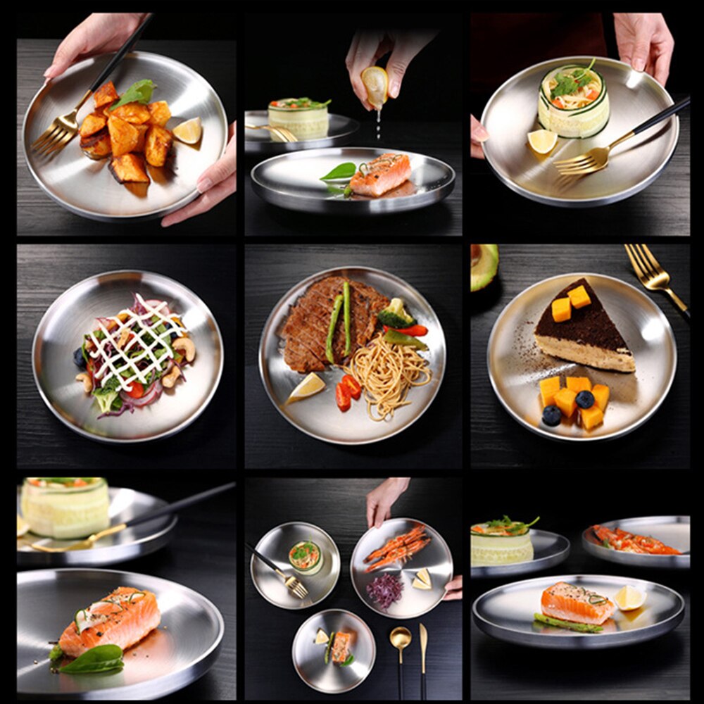 Plato plano de disco de acero inoxidable 304, plato , doble plato de comida, vajilla para el hogar, plato redondo plano