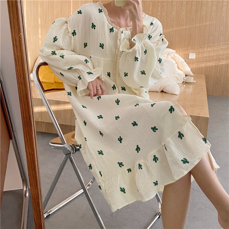 Women's Dress Sleepwear Cactus Pattern Long Sleeve Lace Home Wear Spring/Autumn Nightgown: Default Title