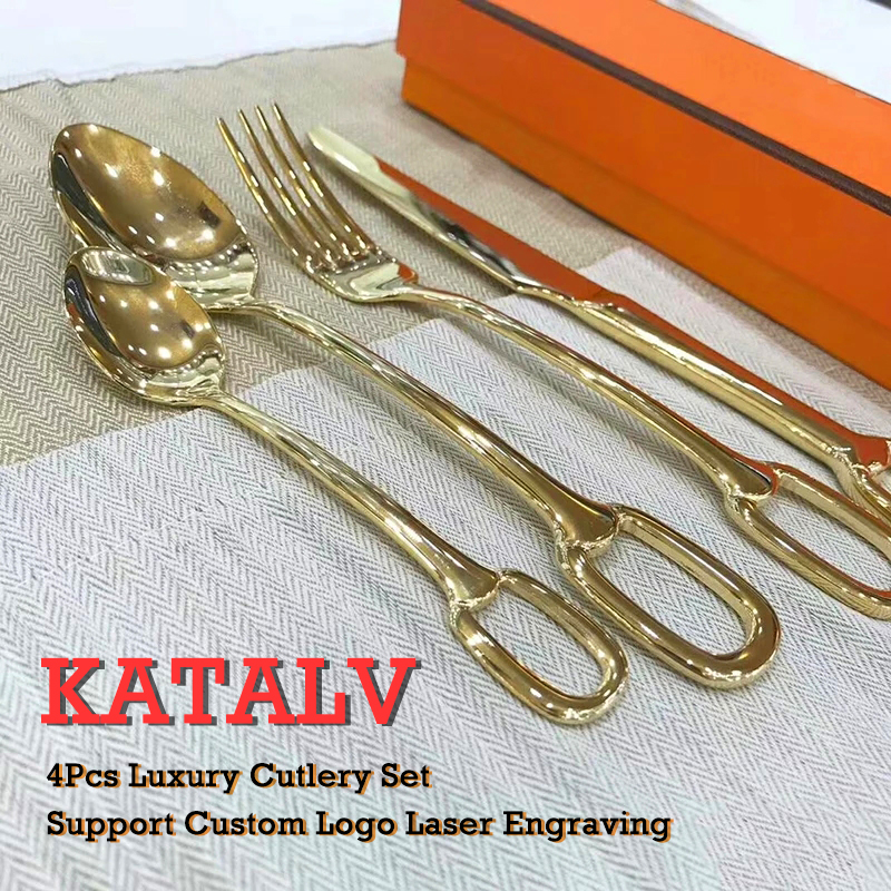 4Pcs Creativity European Style Luxury Cutlery Set Knife Fork Spoon Stainless Steel Tableware Dinnerware Hangable