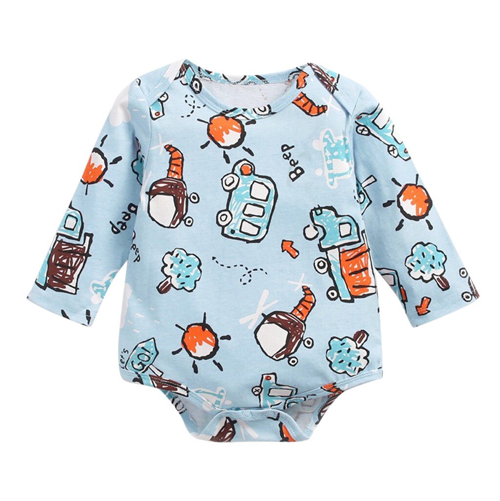 Bébé garçons filles dessin animé impression body -né infantile bébé à manches longues barboteuse Onesies enfant en bas âge doux vêtements barboteuses pour 0-3y: Bleu / 6-12 Months