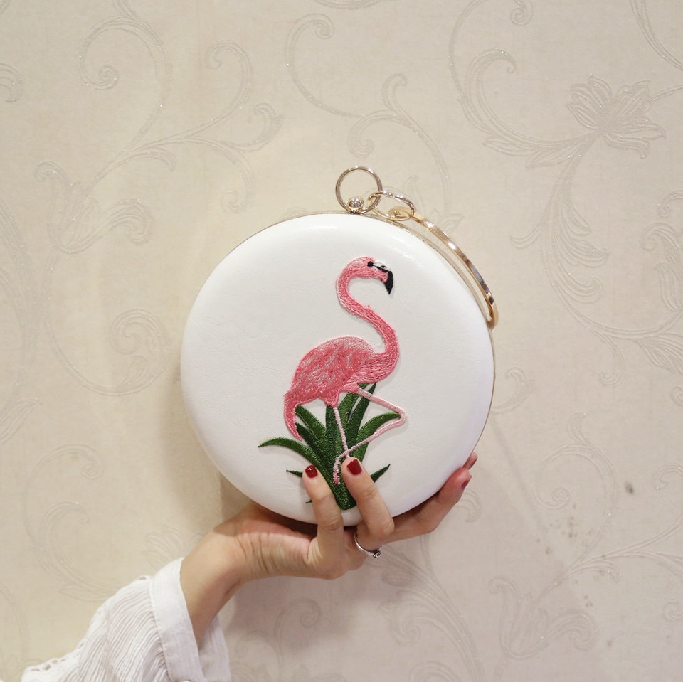 Women's Round Evening Bag - Vintage Style - Flamingo Embroidery - PU Leather - Chain Strap