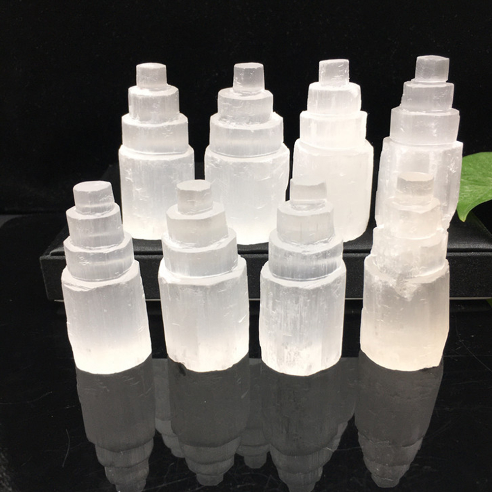 Torre de cristal de yeso de selenita blanca Natural, castillo de rascacielos, colección transparente de estatuas artesanales minerales de cristal marroquí