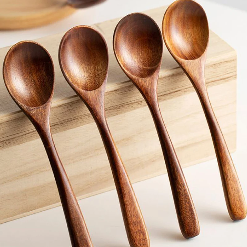 Cucharas de sopa de madera con mango largo, cucharadita de café, leche, azúcar, especias, condimentos, vajilla de cocina, herramientas, cuchara de madera, 1/10 Uds.