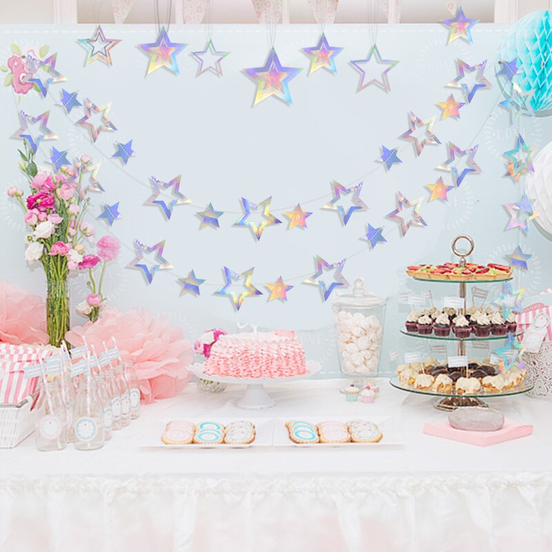 3.8-4.2m Gold Silver Paper Star Garland Banner for Birthday Wedding Decor Glitter Paper Hanging Ramadan Decoration