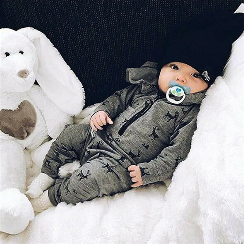 Winter Warm Newborn Baby Boys Hooded Romper Jumpsuit Infant Clothes Outfits Set Cartoon Deer Print Infant Clothing