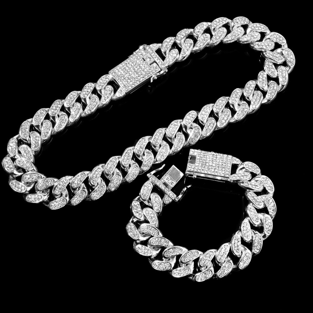 Collana girocollo da donna cubana spessa da 20MM con pavé di strass con strass ghiacciato Bling collane cubane gioielli anca-salto musica rock festa: argento 2 pezzo impostato