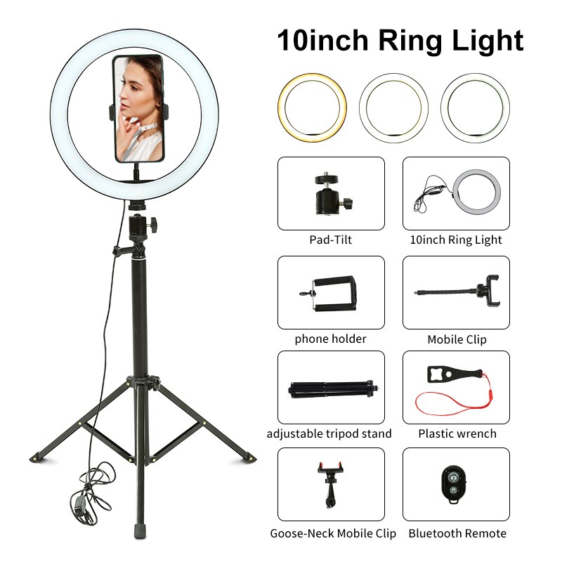 26cm anel de luz com tripé suporte fotografia lâmpada youtuber ao vivo photo studio circular lâmpada led selfie profissional luz anel: 01