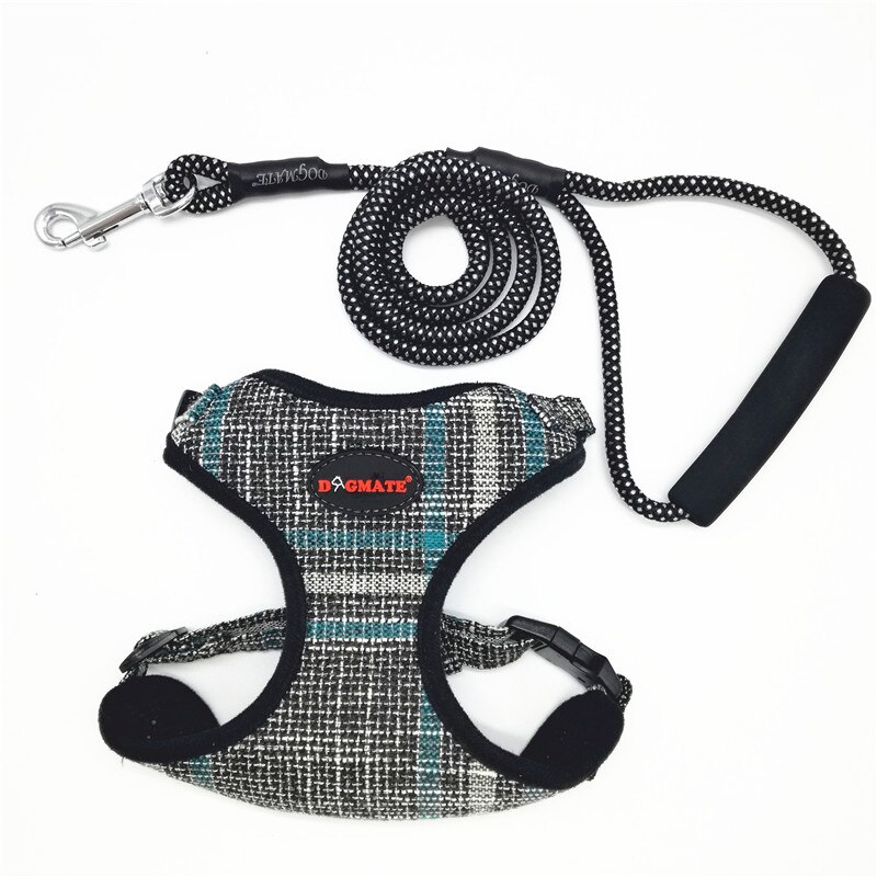 GLORIOUS KEK Harnas Hond Chihuahua Kleine Dog Harness en Leash Set Plaid Verstelbare Gewatteerde Harnas Vest met Wandelen Lead Handvat: black plaid / S chest 34-44cm