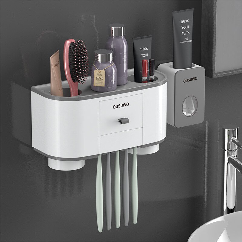Spazzolino da denti titolare distributore Automatico di Dentifricio spremiagrumi per Il Bagno cremagliera Di Stoccaggio cremagliera di Montaggio A Parete Accessori per il Bagno impostato: B-Two cups grigio
