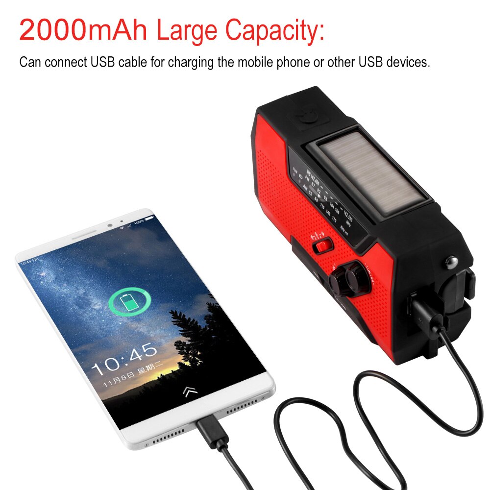 Manivela de mano Radio para Radio Meteorológica NOAA emergencia Solar manivela de mano autoalimentada batería 3AAA linterna 2000 mAh banco de energía