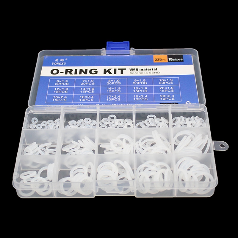225 pièces joint torique Silicone caoutchouc 15 tailles VMQ Silicone joint torique élasticité joints toriques rondelle joint anneau assortiment Kit boîte