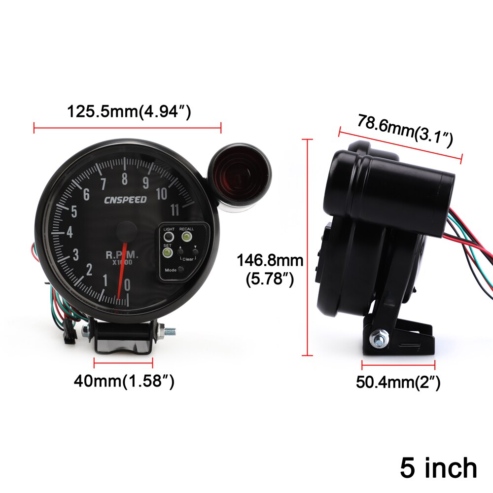 5'' 125mm Universal 12V Racing Car Tachometer RPM Gauge Meter Tacho 0-11000 RPM Auto Gauge With Shift Warning Light 101505