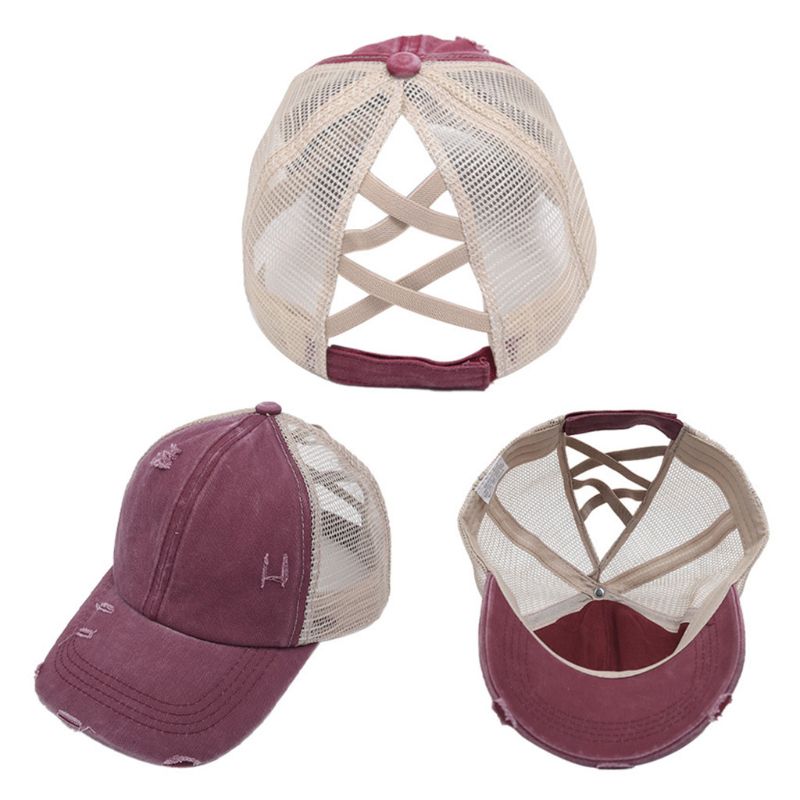 Women Distressed Washed Mesh Baseball Cap Leopard Camo Ponytail Band Trucker Hat: 9