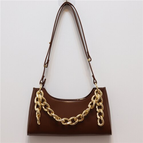 Bag Female Spring and Summer Crocodile Baguette Shape Bag France Small Shoulder Bag Underarm Handbag: brown plain