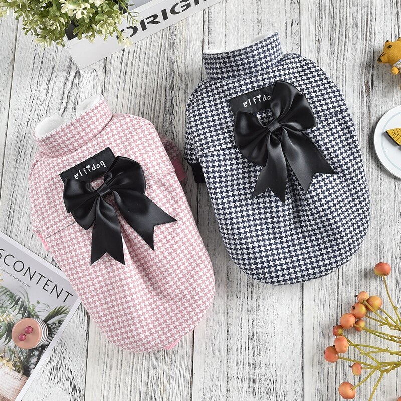 Ropa de pata de gallo para perros pequeños, con lazo negro grande, vestidos de lujo para mascotas, chaqueta, Atuendo para otoño e invierno, accesorio para gatos