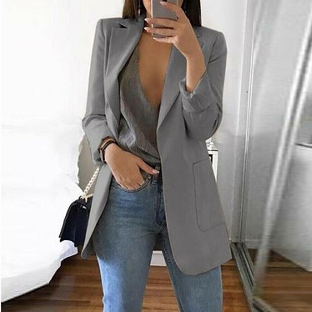 Solid Style Lady Young Women Slim Casual Business Blazer Suit Jacket Coat Outwear Khaki Gary Black: C / S