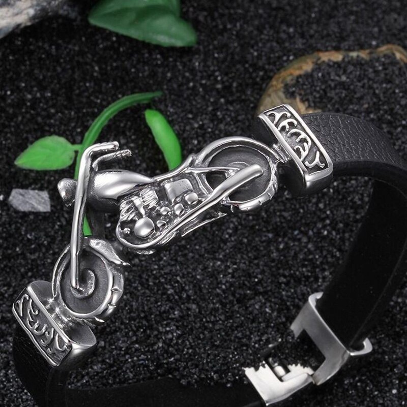 Unique Men Stainless Steel Motorcycle and Skeleton Charm Bracelet Rock Punk Durable Leather Bracelets Cool