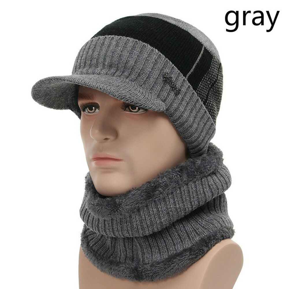 Venda quente inverno tricô chapéu cachecol conjunto masculino cor sólida quente boné cachecóis masculino inverno ao ar livre acessórios chapéus cachecol 2 peças: CINZA