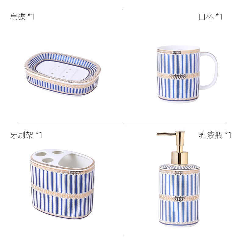 Luxury Blue Gold Ceramic Bathroom Five-piece Bathroom Supplies Soap Dispenser Brushing Mouth Cup Soap Dish Tray Toiletry Set