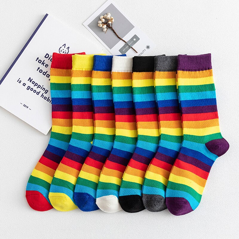 RMSWEETYIL Colorful Striped Rainbow Socks Womens Pride Neon Crazy Novelty Fun Cotton Ladies Girls Funny Casual Dress Crew Sock