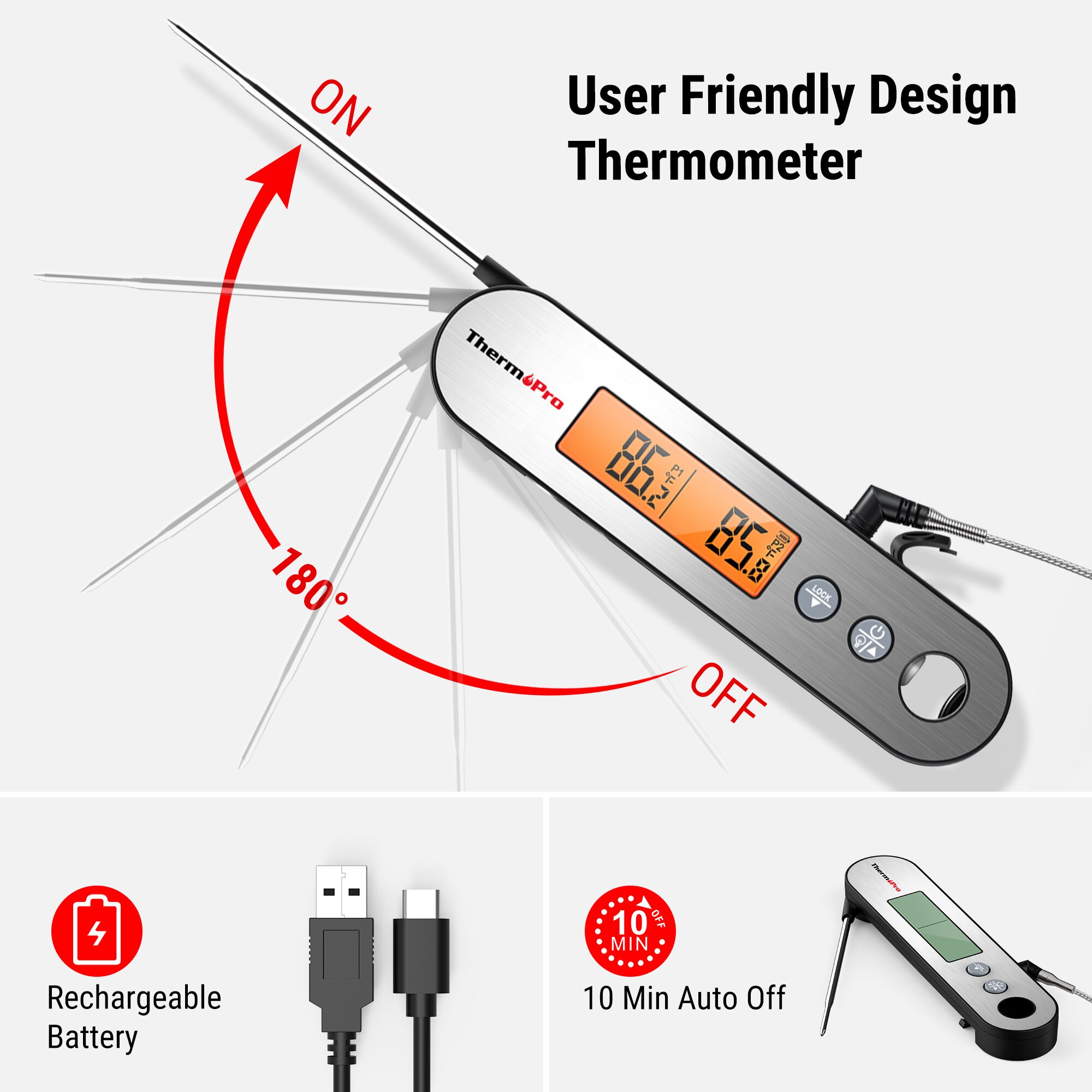 ThermoPro – thermomètre numérique TP610 pour la viande, 2 en 1, avec 2 sondes pliables et filaires, rétro-éclairé