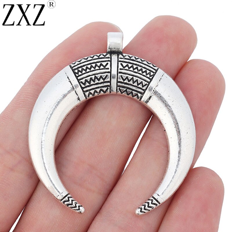 ZXZ 5pcs Tibetan Silver Large Crescent Moon Double Horn Charms Pendants for Jewelry Making Findings 50x46mm