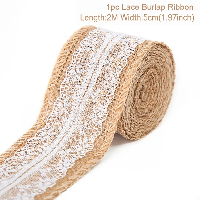 Cinta de encaje de arpillera de yute Natural de 2 metros y 5cm con borde de encaje blanco, decoración rústica de boda para boda, cintas artesanales con lazo DIY: Latón envejecido