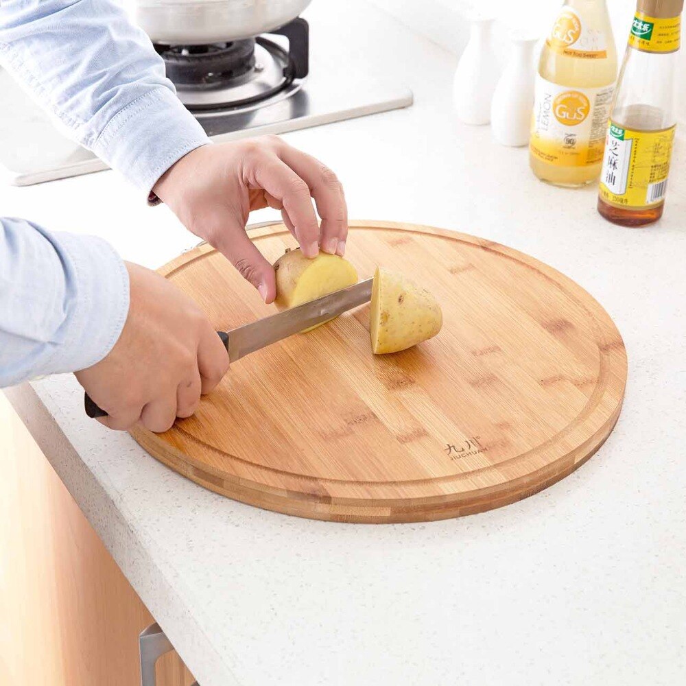 Annat hus kök rund trä skärbräda förtjocka bambu skärbräda block skärmatta pizza sushi bröd bricka köksredskap