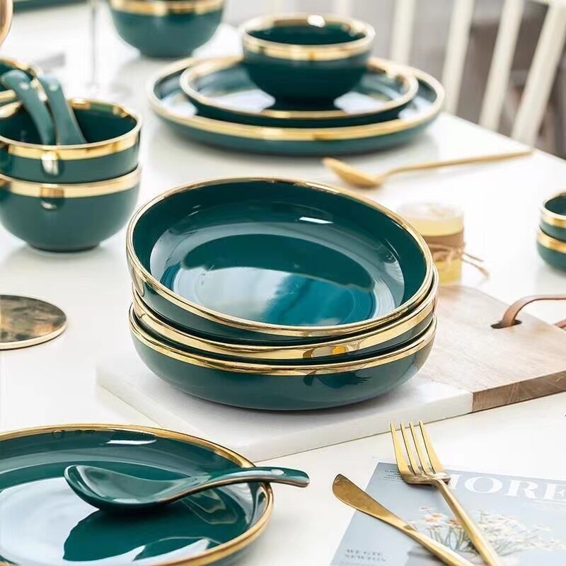 1pcs High Grade Green With Gold Lnlay Plates Steak Food Tray Nordic Ceramic Dinner Dish Salad Bowl Spoon Porcelain Dinnerware