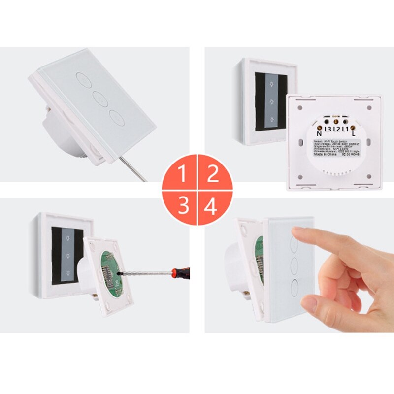 EU Smart Light Switch, 3 Gang 1 Way Wifi APP Remote Control Wall Press Switch, Tempered Glass Press Sn AC 100-240V