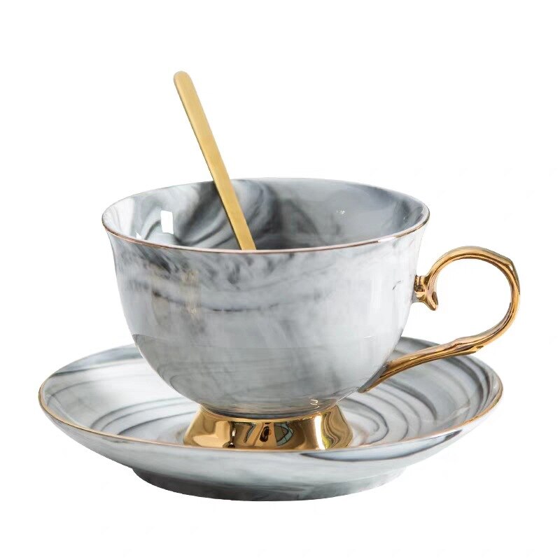 Marmor Keramik Kaffee Tasse Untertasse Löffel Einfache Frühstück Luxus Gold Rand Kaffee Tasse Reise Tazas De Cafe Tassen Und Untertassen Sein50CU