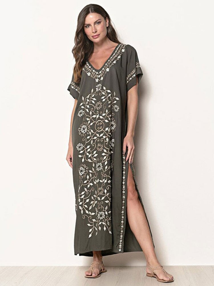Beach Long Dress Oversized V Neck Short Sleeve Summer Dress Batwing Sleeve Embroidery Maxi Dress Loose Beach Cover Up: Army Green