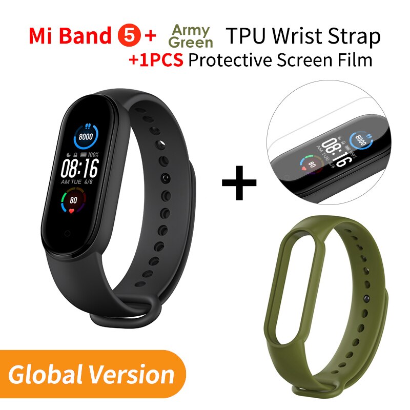 Xiaomi banda 5 versão global pulseira inteligente tela de toque miband 5 pulseira esporte rastreador de fitness monitor de freqüência cardíaca: Add OliveGreen Strap