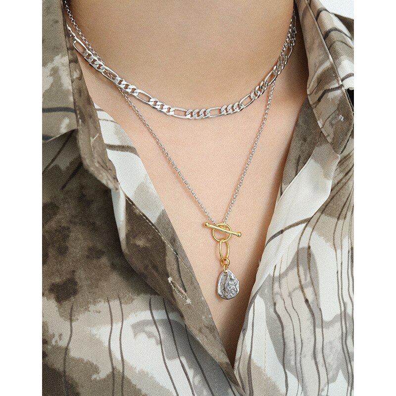 Asinlove Real 925 Sterling Zilveren Ketting Onregelmatige Concave-Convexe Gehamerd 18K Gouden Hanger Ketting Persoonlijkheid Vrouwen Sieraden