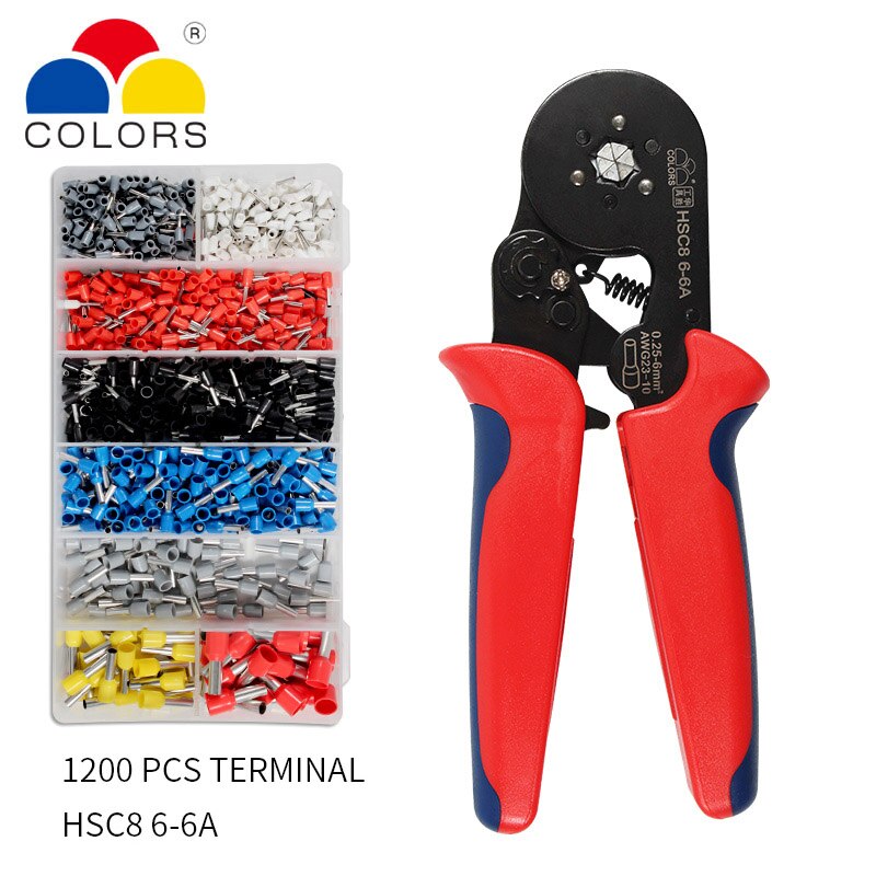 Crimper Plier Set 0.25-10mm2 self-adjustable ratchat wire crimping tool with 1200 Wire Terminal Crimp Connector Insulated: HSC8 6-6A 1200PCS