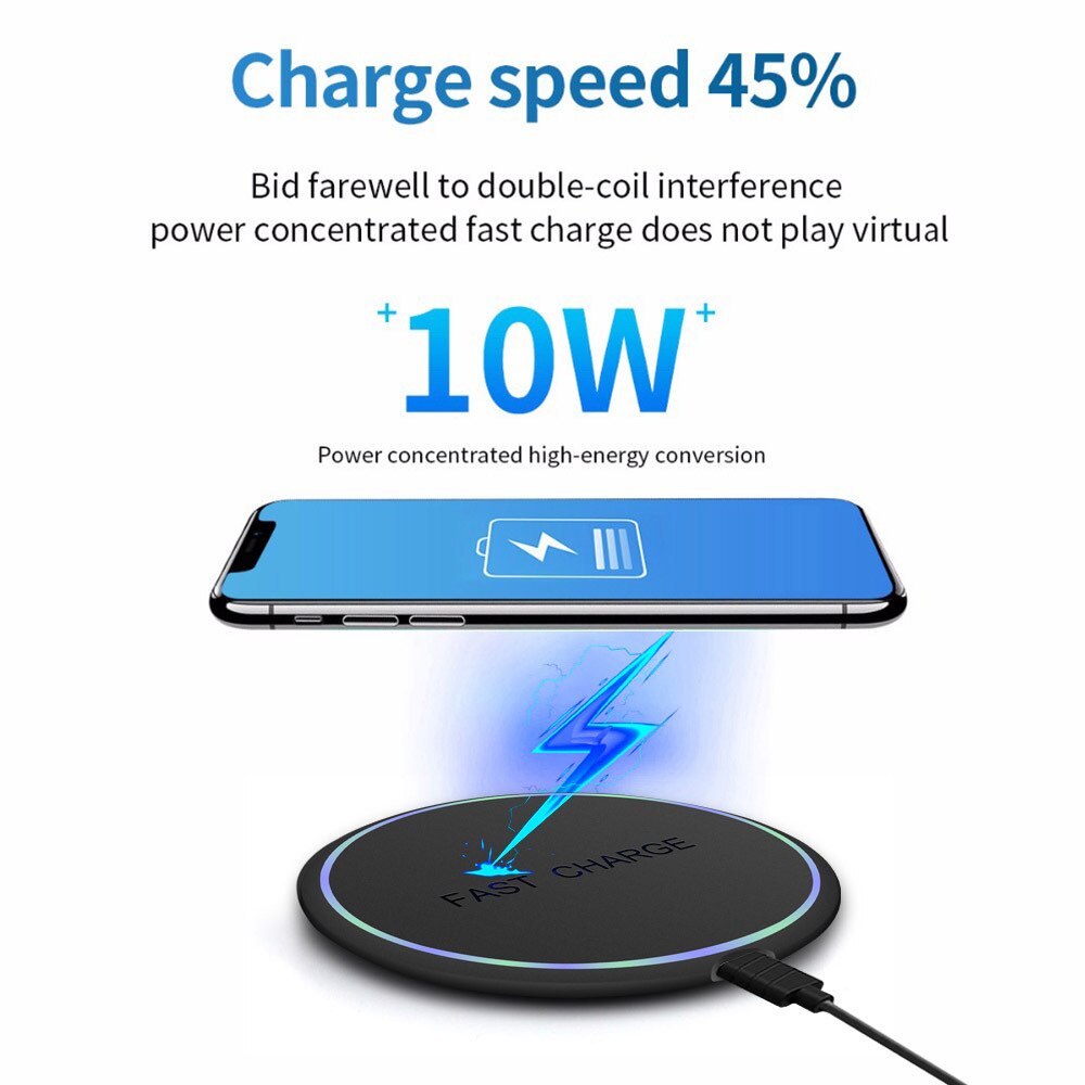 10W Qi Fast Wireless Charger With LED Light Micro USB Wireless Charging Pads for iPhone11 X Samsung Xiaomi Huawei Charging Pads