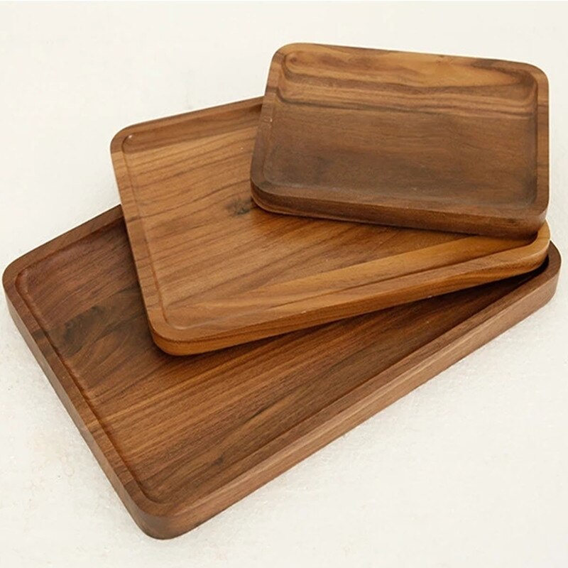 Rectangle Japanese Black Walnut Wooden Bread Fruit Dishes Saucer Tea Dessert Dinner Tray Pan Plates