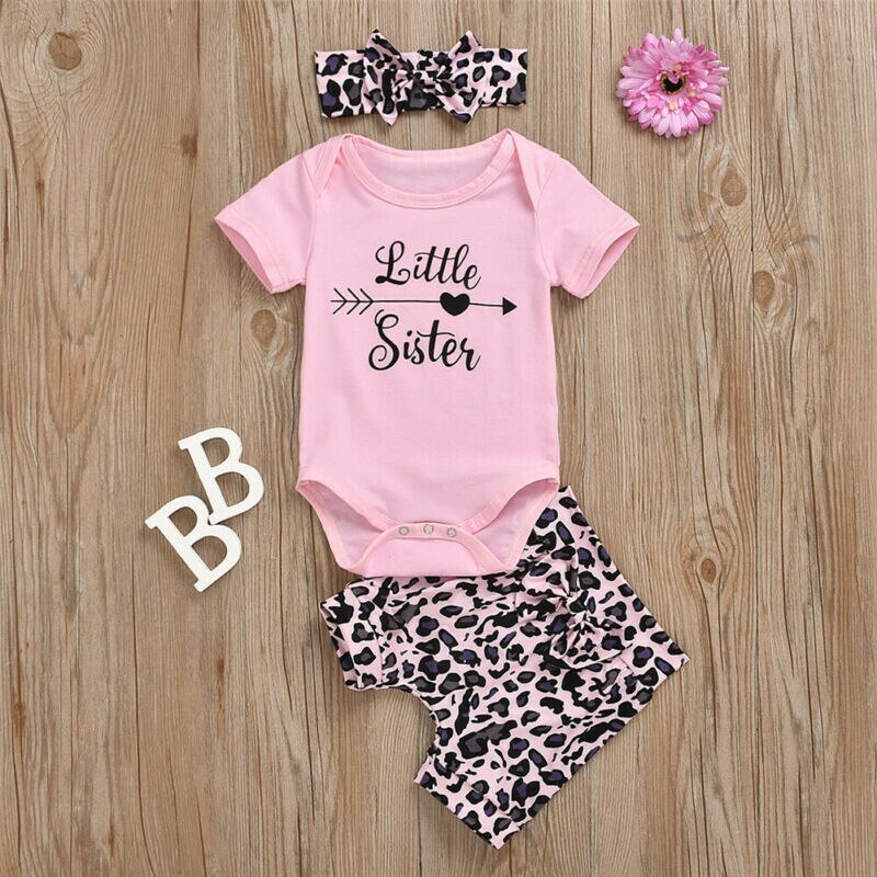 Baby sommer tøj 3 stk baby pige søster matchende tøj kortærmet t-shirt top+leopard bukser/nederdel outfit