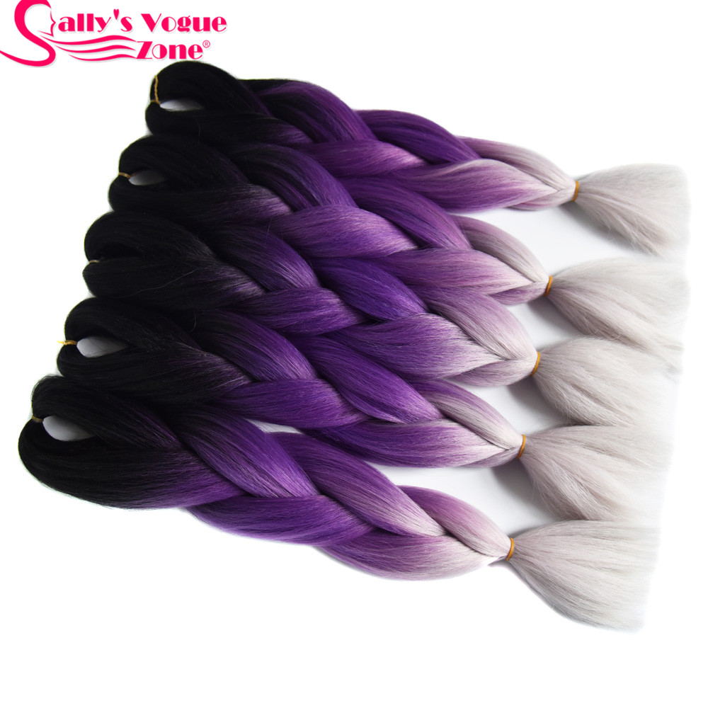 Sallyhair 24inch Ombre 3 Tone Black Purple Silver Grey Color Synthetic Braiding Hair Extension Colored Bulk Hair: T1B/Purple