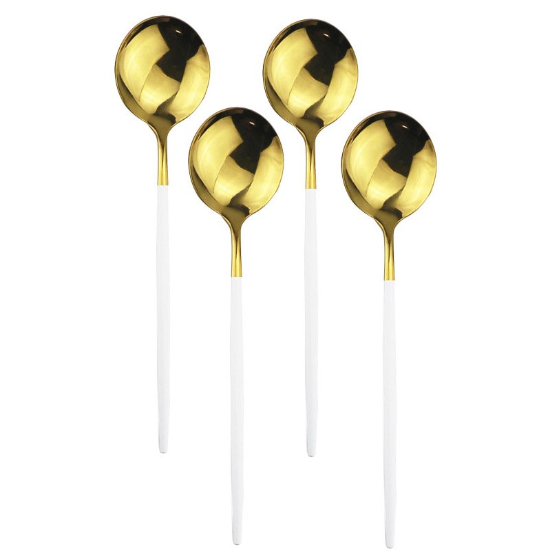4 stk sort dessertske sæt lang skaft spejl ske bestik guld bestik køkken tilbehør 304 rustfrit stål service: Hvidt guld