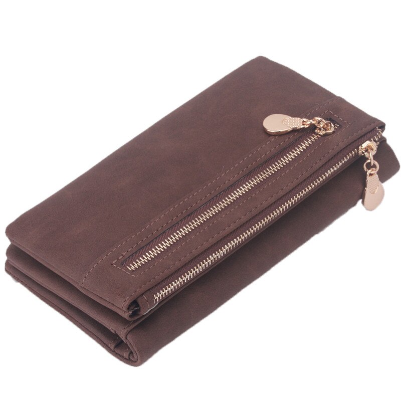 Women Wallets Dull Polish Leather Wallet Double Zipper Day Clutch Purse Wristlet Coin Purse Card Holder Billetera 838559: Coffee