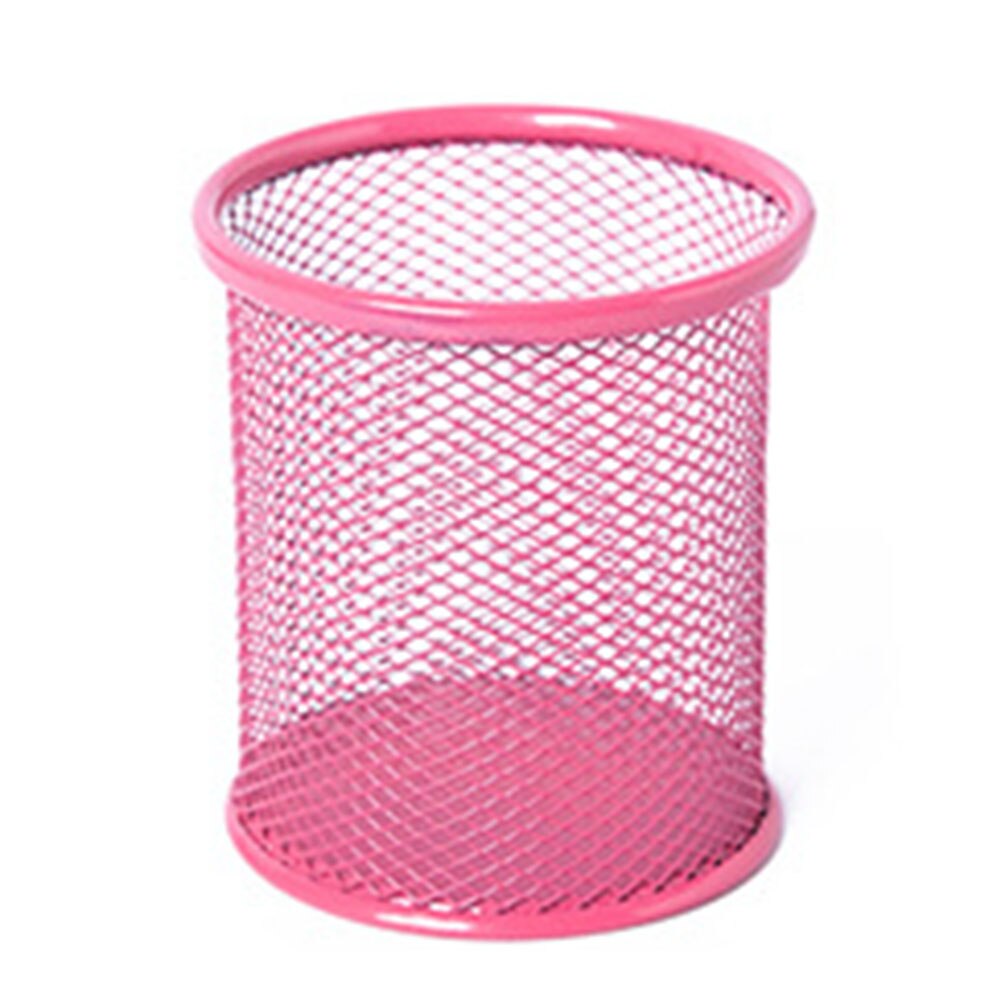 Mesh Metal Makeup Brushes Holder Pen Pencil Brush Pot Holder Storage Container Office Desk Organizer Cosmetic Pen Box: Rose Red  Round