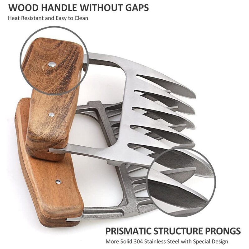 Garra de Metal para carne, 1 par 18/8 Tenedor de acero inoxidable para carne con mango de madera, garra para carne picada, (2 piezas)