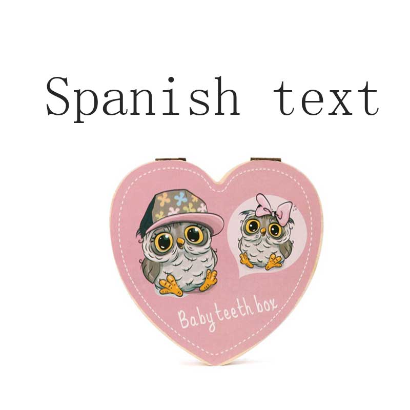 Herz bilden Gefallenen Zahn Kasten Lagerung Englisch Spanisch Text Baby Junge Mädchen Holz fallen Sparen Sie Milch Zähne Sammlung Veranstalter Halfter: Bspanis